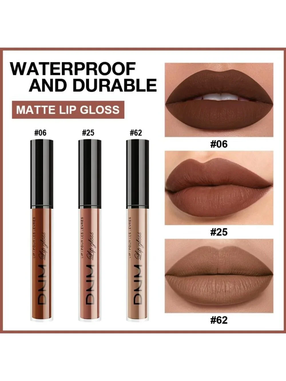 Set33-Chocolate & Red Brown & Nude 3pcs Matte Liquid Lipstick Lip Gloss Kit